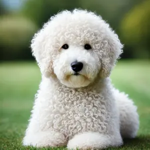 Ein Lagotto Romagnolo mit reinweißem, lockigem Fell sitzt ruhig im Gras