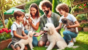 Eine Familie besucht den Züchter und holt sich Rat und Informationen bevor sie einen Lagotto Romagnolo Welpen kaufen