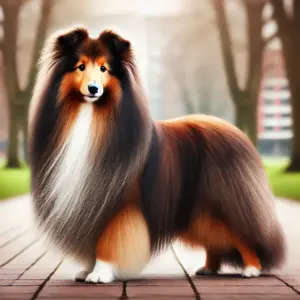 Ein Langhaar-Sheltie, anmutig im Park stehend, mit einem dichten, fließenden Doppelfell in Sable-Farbe und leicht gewellter Textur