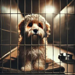 Ein sehr trauriger Löwchen-Hund sitzt im Tierheim in Not und wartet auf eine Adoption und zweite Chance