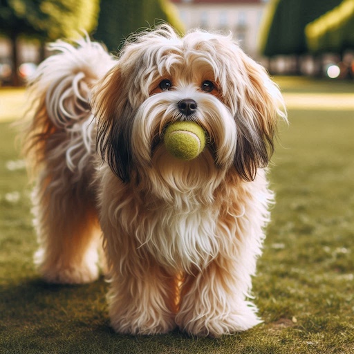 Ein Löwchen steht auf einer grünen Wiese mit einem Ball im Maul. Die Umgebung ist ein gepflegter Park, und der Hund wirkt aktiv und verspielt