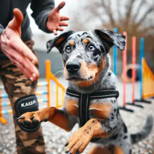 Der Louisiana Catahoula Leopard Dog ist auf einem Trainingsplatz und wird von seinem Trainer motiviert