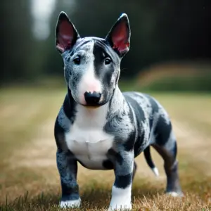 Miniatur Bullterrier in Blue Merle-Färbung, mit einer Mischung aus Grau, Schwarz und Weiß
