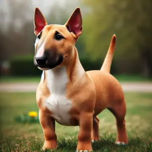 Miniatur Bullterrier mit fawn-farbenem Fell in einem warmen Braunton stehend auf dem Feld