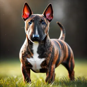 Gestromter Miniatur Bullterrier mit braun-schwarzem Streifenmuster, der im Freien auf einer Wiese steht. Der muskulöse Körperbau wird durch das einzigartige Brindle-Muster betont