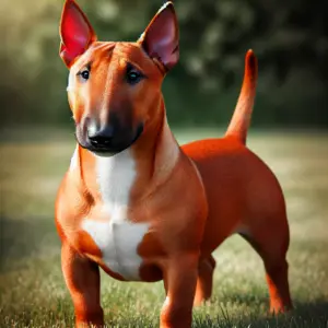 Miniatur Bullterrier mit rotem Fell in einem tiefen, warmen Rotbraun steht vor einem Waldgebiet auf einem Feld