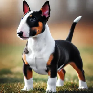 Miniatur Bullterrier in einer Tricolor-Färbung mit schwarzen, braunen und weißen Abzeichen