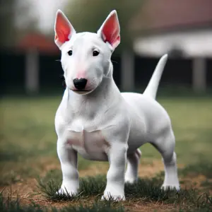 Miniatur Bullterrier mit reinweißem Fell, der im Freien auf einer Wiese steht. Der muskulöse, kompakte Körperbau des Hundes wird durch die makellose weiße Farbe hervorgehoben