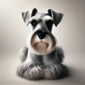 Ein grauer Mittelschnauzer mit ruhigem Ausdruck sitz auf dem Boden und blickt in die Kamera