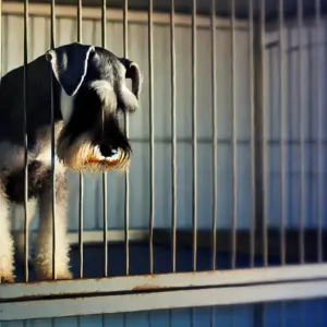 Ein trauriger Mittelschnauzer Hund sitzt im Tierheim in Not und wartet auf eine zweite Chance und Adoption