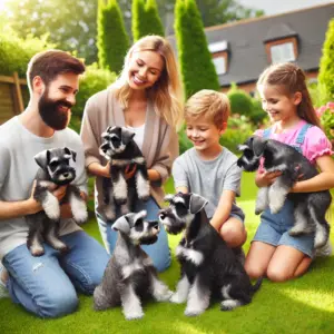 Eine Familie beim Züchter für Mittelschnauzer im Garten informiert sich umfassend vor dem Kauf