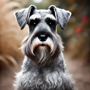 Ein Standard Schnauzer mit pfeffer-salzenem Fell sitzt vor einem natürlichen Hintergrund. Der Hund hat ein gesprenkeltes, graues Fell, buschige Augenbrauen und einen dichten Bart. Die Pfeffer-Salz-Färbung verleiht dem Hund einen robusten und klassischen Schnauzer-Look