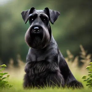 Ein schwarzer Mittelschnauzer mit tiefschwarzem, glänzendem Fell sitzt stolz auf einer grünen Wiese