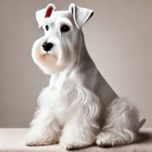 Ein seltener weißer Mittelschnauzer mit reinweißem Fell sitzt anmutig auf einem weichen Hintergrund
