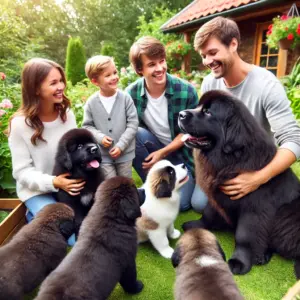 Eine Familie besucht den Züchter um sich zu informieren bevor sie einen Neufundländer Welpen kauf