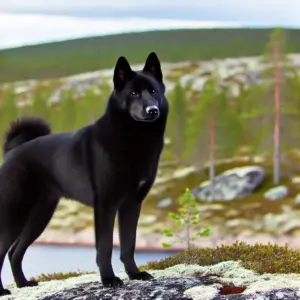 Ein majestätischer Norwegischer Elchhund in der schwarzen Variante, der auf einer rauen skandinavischen Landschaft mit dichten Wäldern im Hintergrund steht