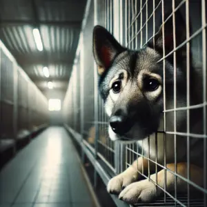 Ein trauriger Elchhund aus Norwegen in Not sitzt im Tierheim und wartet auf seine zweite Chance und Adoption