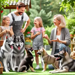 ein Norwegischer Elchhund Züchter erklärt der Frau mit ihren beiden Töchtern die Unterschiede der Rasse
