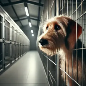 Ein Otterhund blickt aus einem Käfig aus dem Tierheim heraus und befindet sich in Not. Er wartet auf eine Adoption und zweite Chance