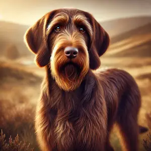 Ein leberbrauner Otterhound mit warmem, schokoladenbraunem Fell und helleren Braunschattierungen steht in einer offenen Landschaft