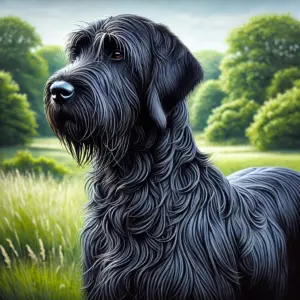 Ein eleganter schwarzer Otterhound mit glänzendem, dichtem Fell steht majestätisch in einer grünen Wiese