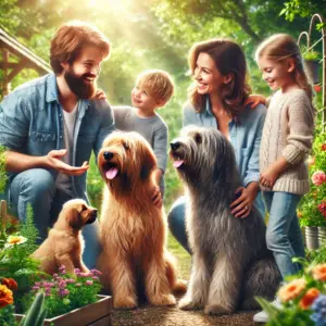 Eine Familie besucht einen Otterhund Züchter und lässt sich beraten bevor sie sich für einen Welpenkauf entscheiden