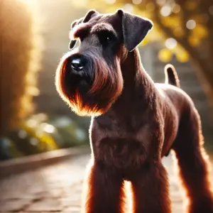 Ein Riesenschnauzer mit einem seltenen braunen Fell steht draußen im Sonnenaufgang. Das warme Braun des Fells strahlt Charme aus und hebt den Hund von den Standardfarben ab