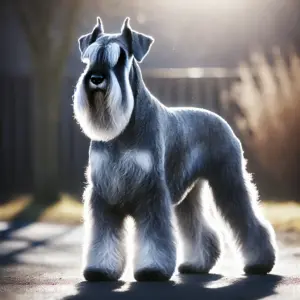 Ein Riesenschnauzer mit einem seltenen grauen Fell steht draußen im Sonnenlicht