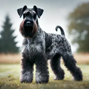Ein Riesenschnauzer mit pfeffer-salzfarbenem Fell steht draußen und zeigt sein charakteristisches gesprenkeltes Erscheinungsbild mit dunklen und hellen Haaren. Der Hund wirkt stark und elegant, ein klassisches Beispiel für die Rasse