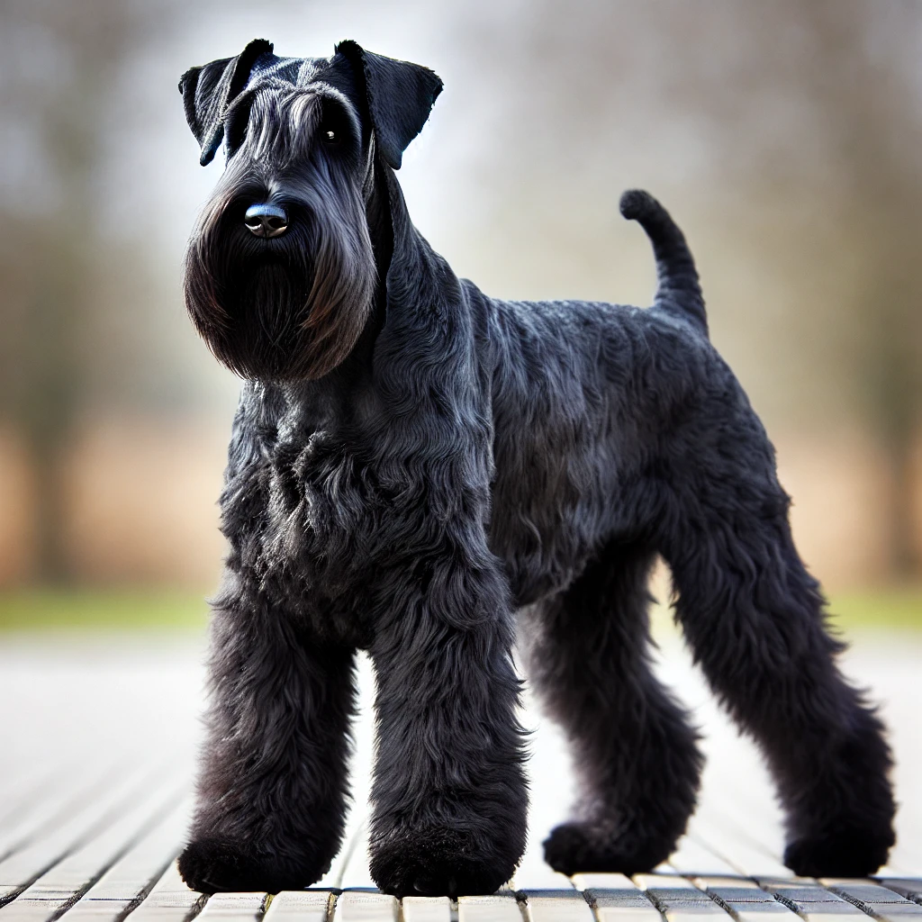 Ein Riesenschnauzer mit tiefschwarzem Fell steht stolz auf einer Terrasse