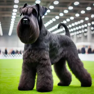 Ein majestätischer Riesenschnauzer aus der Showlinie mit dichtem, gepflegtem Fell in Schwarz und Pfeffer-Salz. Er steht anmutig auf einem gepflegten Rasen in einer Ausstellungshalle und zeigt ein elegantes, markantes Aussehen, das ihn als idealen Showhund auszeichnet