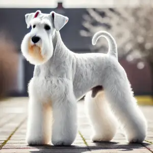 Ein Riesenschnauzer mit reinweißem Fell steht elegant in einer natürlichen Umgebung. Das weiche, schneeweiße Fell verleiht ihm eine sanfte und außergewöhnliche Erscheinung, die von typischen Rassefarben abweicht