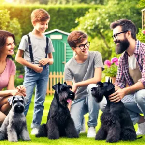 Eine Familie besucht den Riesenschnauzer Züchter und informiert sich über die Rasse bevor sie einen Welpen kaufen werden