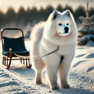Ein Samojede aus einer Arbeitslinie mit muskulösem Körperbau und etwas weniger flauschigem Fell steht in einer schneebedeckten Landschaft und zieht einen Schlitten