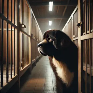 Ein trauriger schwarz weißer Neufundländer aus dem Tierheim in Not wartet auf eine zweite Chance und Adoption 