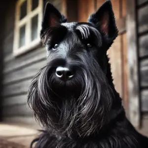 Ein schwarzer Scottish Terrier mit drahtigem Fell sitzt aufmerksam auf einer Veranda, die robuste, charakteristische Ausstrahlung des Hundes wird betont