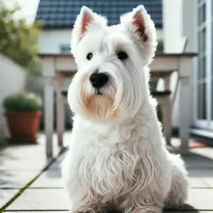 Ein weißer Scottish Terrier sitzt auf einer Terrasse im natürlichen Tageslicht. Der Terrier zeigt sein dichtes, drahtiges Fell in reinem Weiß und verkörpert den typischen, eleganten Look der Rasse