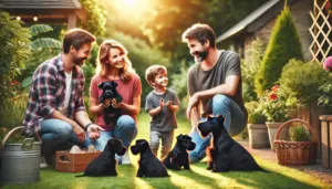 Eine Familie besucht einen Züchter um sich zu informieren bevor sie einen Scottish Terrier Welpen kaufen