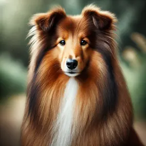 Ein brauner Sheltie mit kastanienbraunen bis schokoladenfarbenen Fellfarben steht draußen und schaut in die Kamera