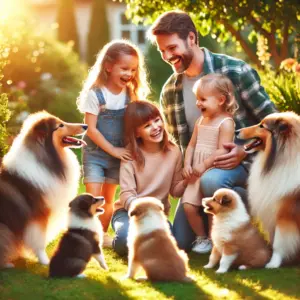 Eine Familie besucht den Sheltie Züchter und lässt sich beraten bevor sie sich entscheiden einen Welpen zu kaufen