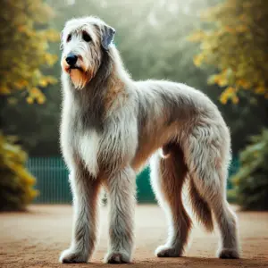 Irischer Wolfshund aus der Showlinie mit großem, muskulösem Körperbau und gepflegtem, dichten Fell in hellem Grau oder Weiß