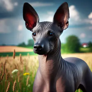  Ein großer, muskulöser Standard Xoloitzcuintli mit glatter, dunkler Haut steht in einer offenen Naturkulisse mit blauem Himmel und grünem Feld. Die Szene betont die beeindruckende Größe und Eleganz des Hundes.