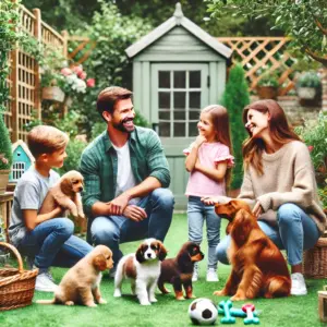 Eine Familie zu Besuch bei einem Sussex Spaniel Züchter. Sie holt sich detaillierte Informationen über die Rasse