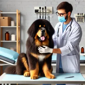 Die Tibetdogge sitzt ruhig auf einem Untersuchungstisch beim Tierarzt, während ein Tierarzt eine Routineuntersuchung durchführt