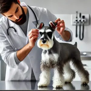 Ein Deutscher Schnauzer wird in einer Tierarztpraxis untersucht. Der Tierarzt überprüft vorsichtig die Ohren des Hundes