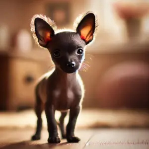 Ein kleiner Toy Xoloitzcuintli mit glatter, dunkler Haut steht in einer gemütlichen Wohnumgebung mit warmem Licht