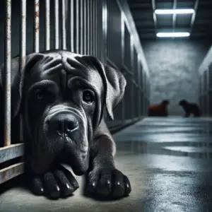 Ein trauriger Cane Corso in Not sitzt in einem Tierheim und wartet auf eine zweite Chance und Adoption