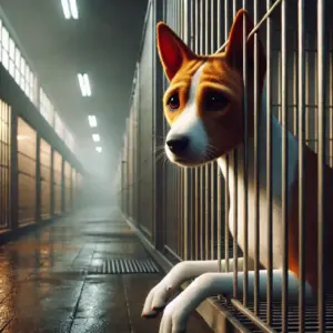 Ein trauriger Basenji aus dem Tierheim in Not sucht ein neues Zuhause und wartet auf eine zweite Chance