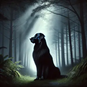 ein schwarzer Kuvasz sitzt in einem mystischen Wald mit Nebel