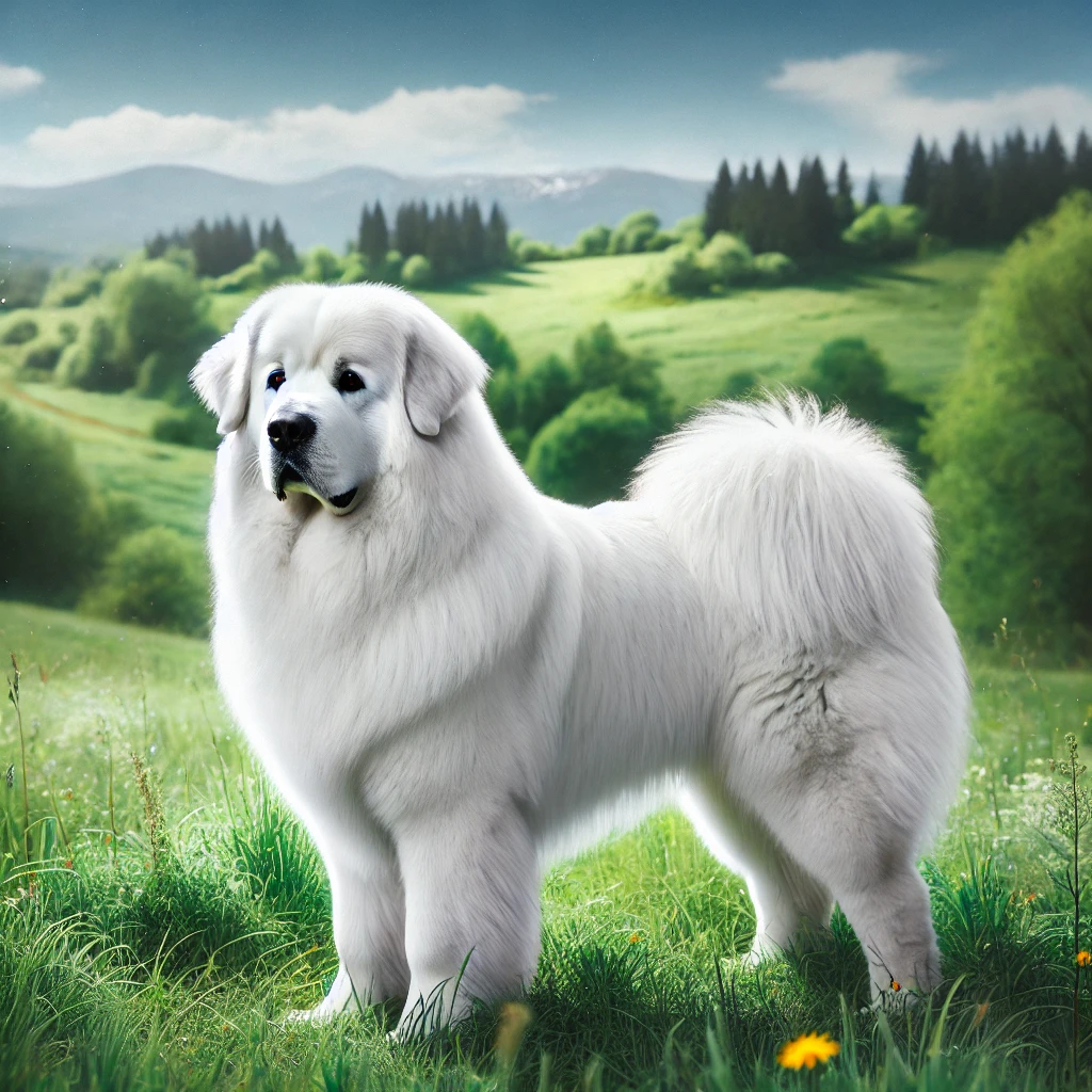 Ein majestätischer Kuvasz mit reinweißem Fell steht in einer grünen Wiese unter blauem Himmel. Das dichte, gerade Fell des Hundes betont seine edle Erscheinung und Robustheit, die für die Rasse charakteristisch sind